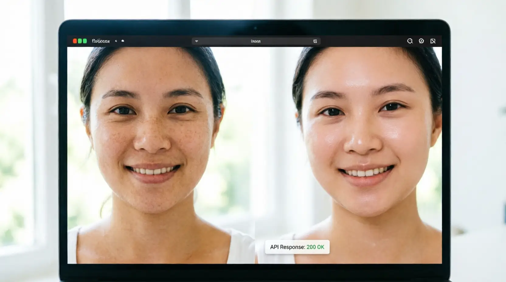 Before and after comparison of a selfie processed through the YouCam Beauty Filter API showing smoother brighter skin