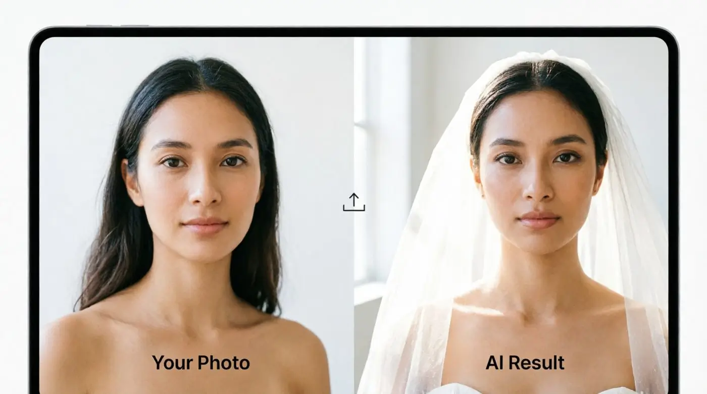 Split screen showing a bride's selfie next to an AI-generated wedding veil try-on portrait