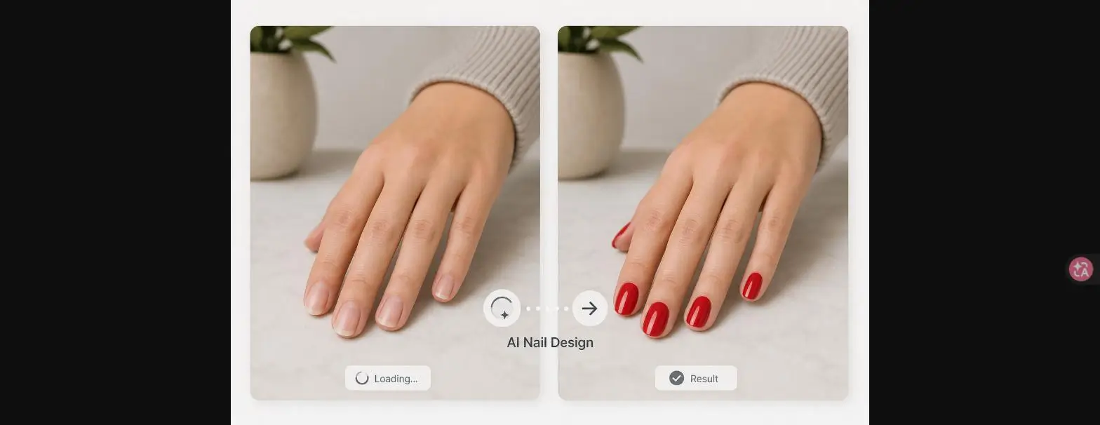 Split screen showing a bare hand transforming into AI-designed red nail paint