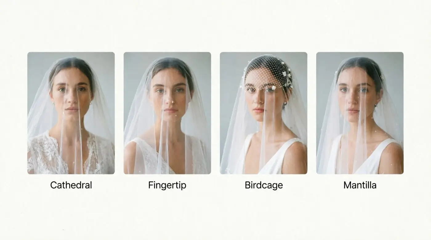Four wedding veil styles, cathedral, fingertip, birdcage, and mantilla, rendered on the same bride photo