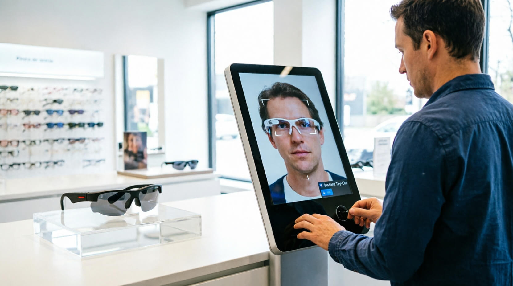 Athlete trying on smart glasses through Perfect Corp AI virtual try-on integrated into an eyewear brand's website