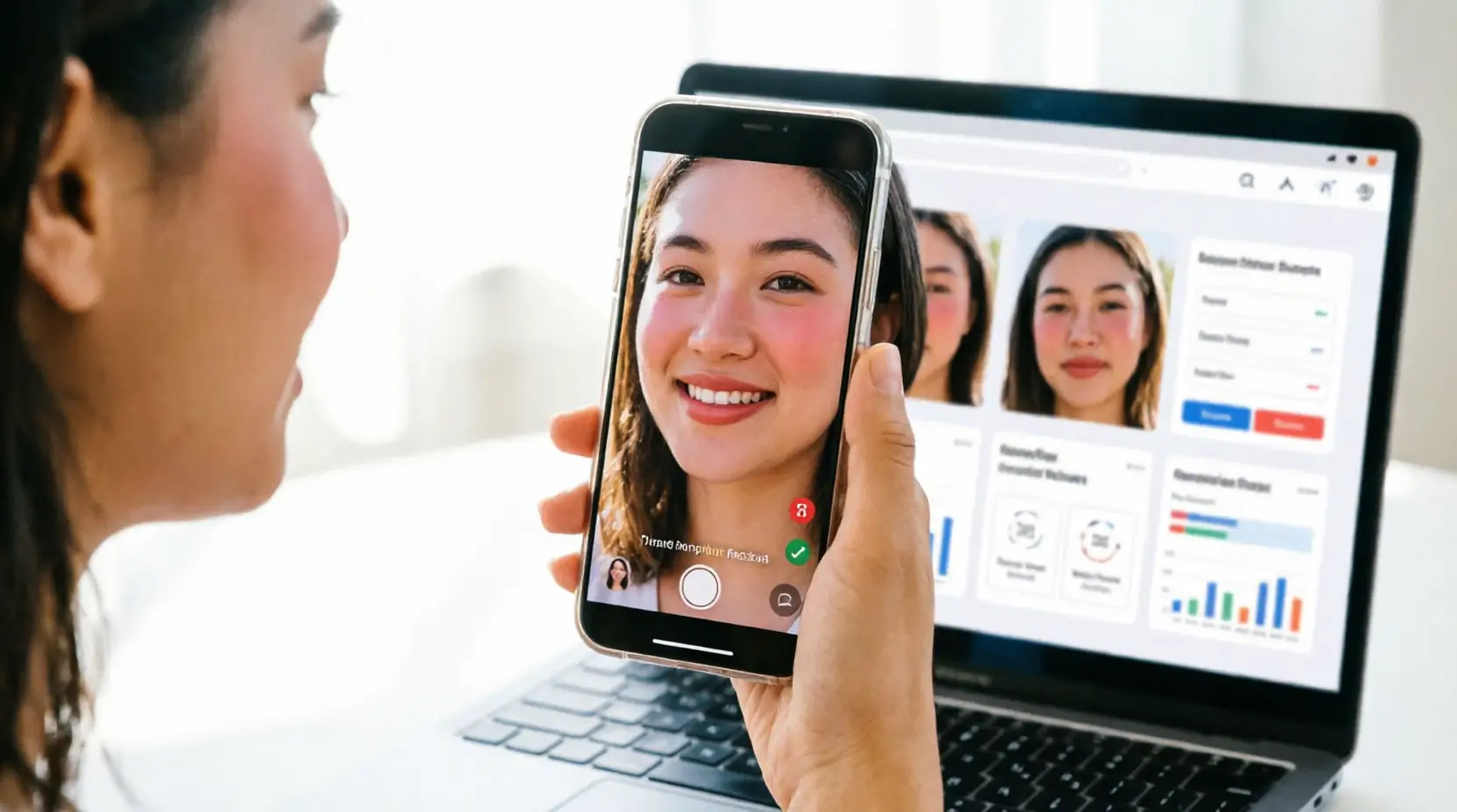 Woman using a mobile app with real-time AR beauty filter applying natural blush and lip tint