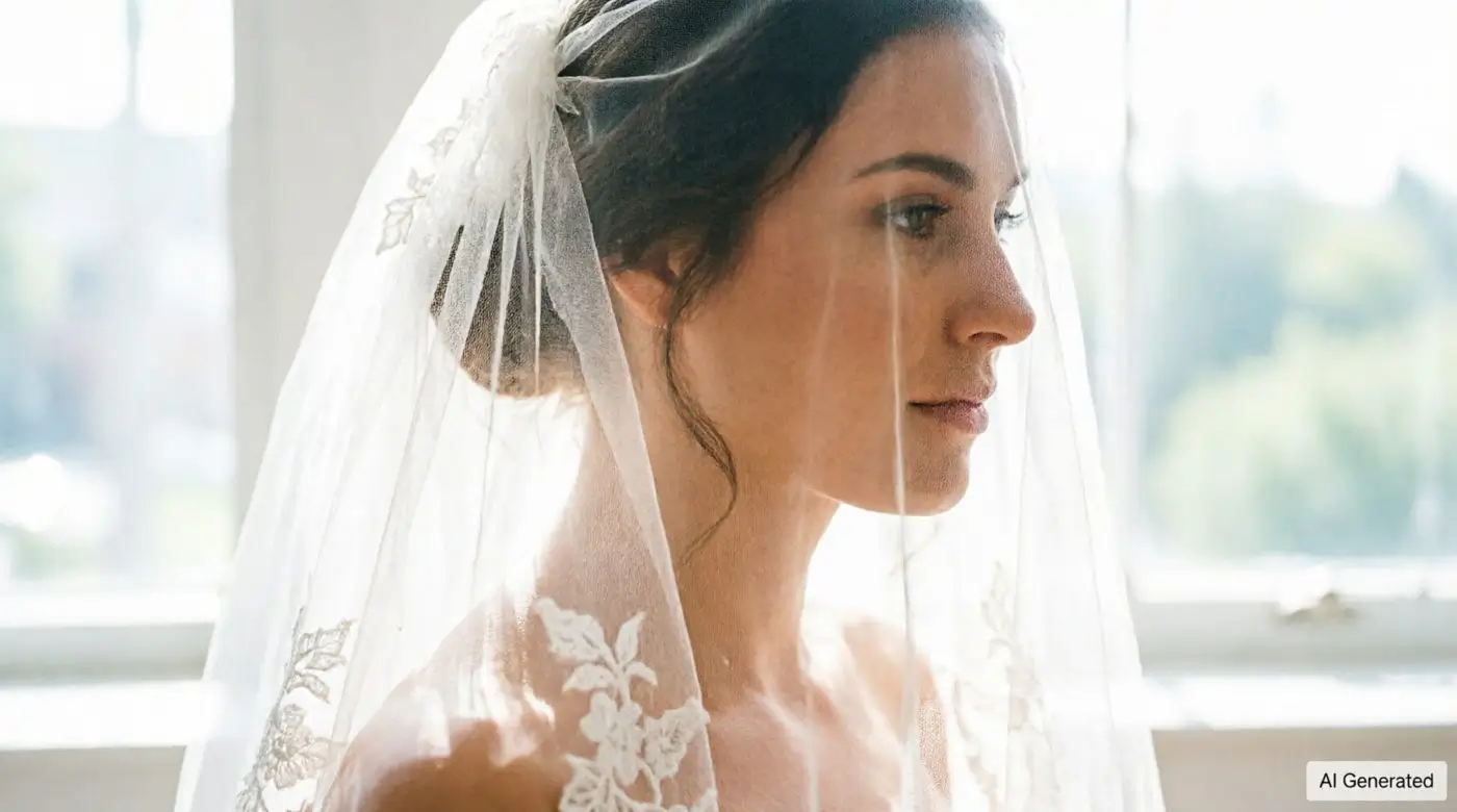 Close up of a photorealistic AI generated bride wearing a sheer illusion lace veil with natural lighting