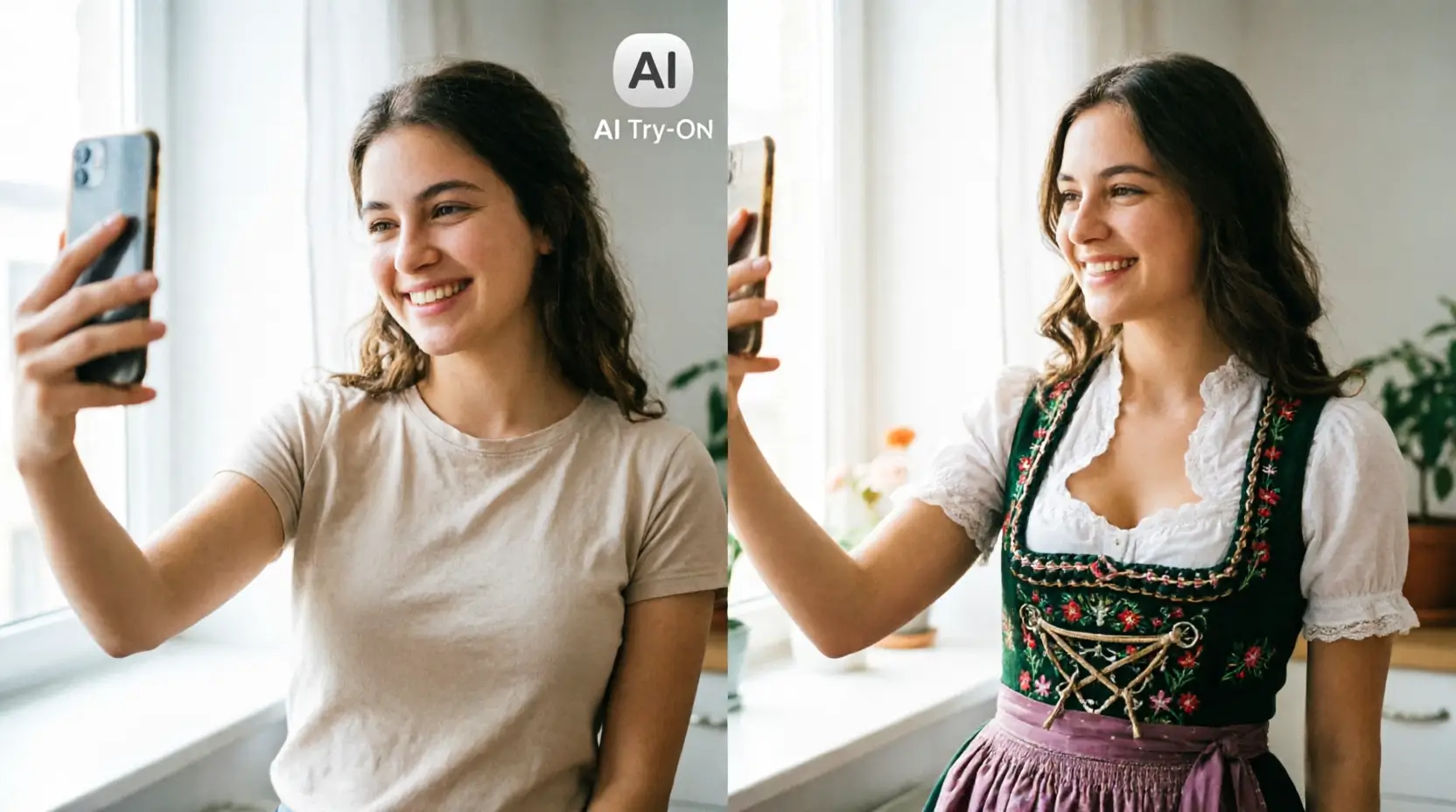 Shopper comparing three Dirndl color options with AI try-on