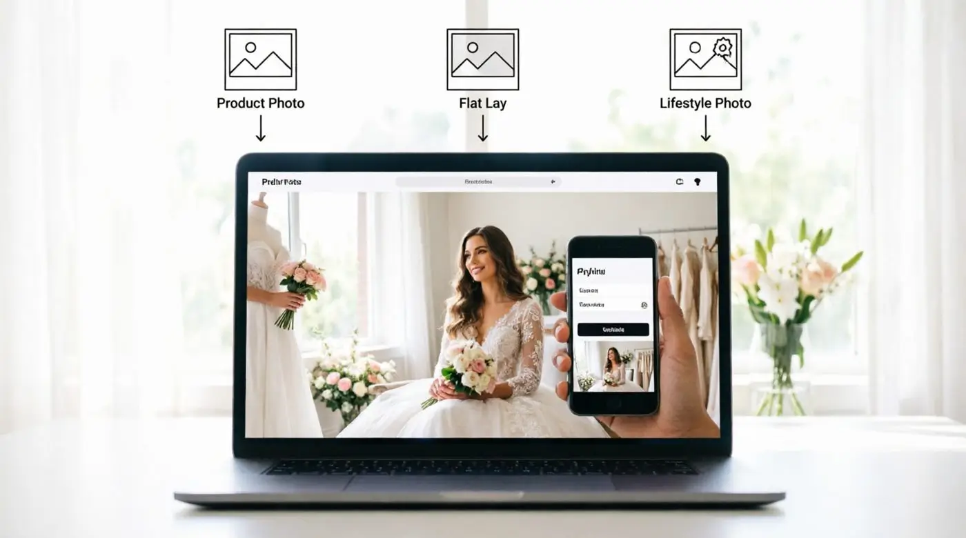 Grid of different veil input photo types, product shot, flat lay, and lifestyle photo, next to their AI try-on outputs