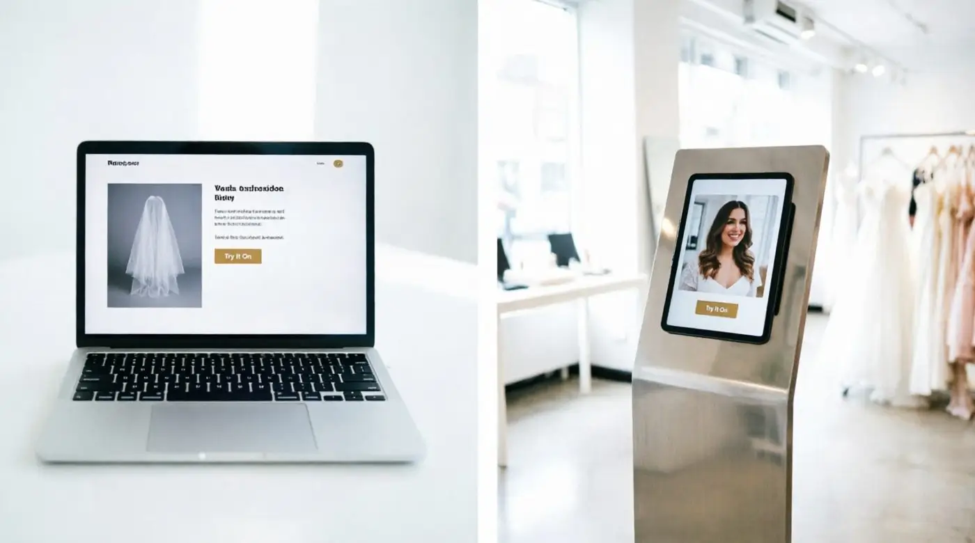 Bridal boutique website product page showing a wedding veil try-on feature next to a kiosk screen in a salon