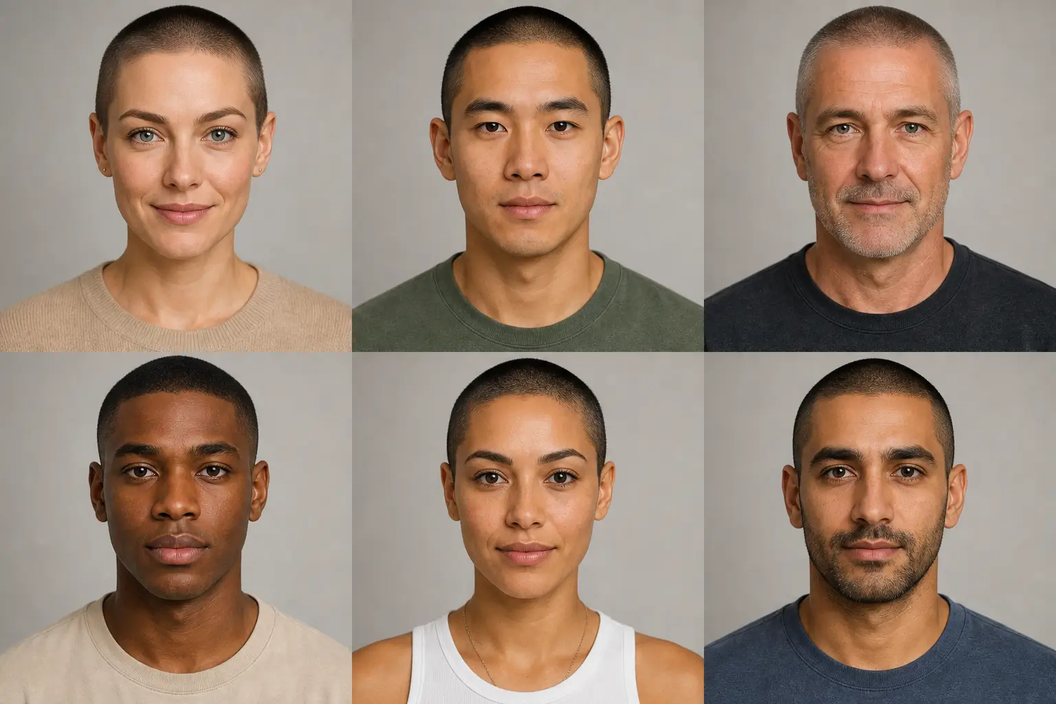 Grid of diverse faces with consistent buzz cut results across skin tones and face shapes