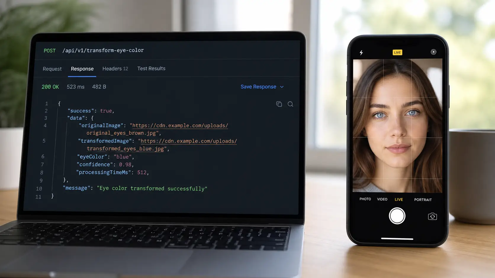 Code snippet and JSON response example for the eye color editor API integration