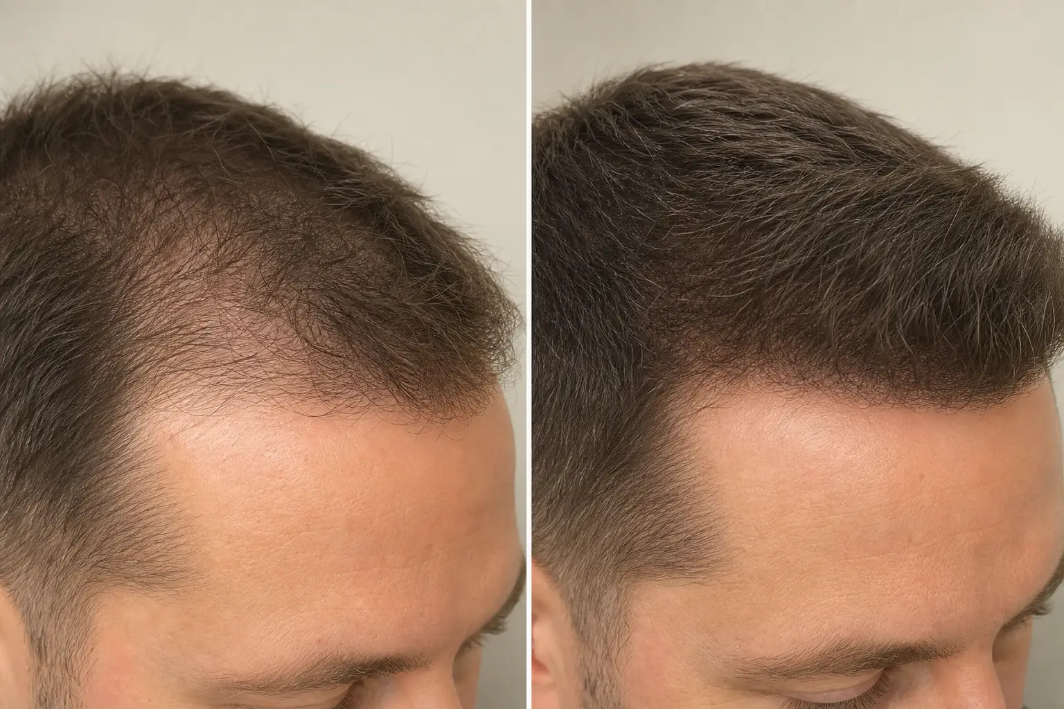 Close-up comparison showing strand-level buzz cut hair rendering with natural scalp and skin tone