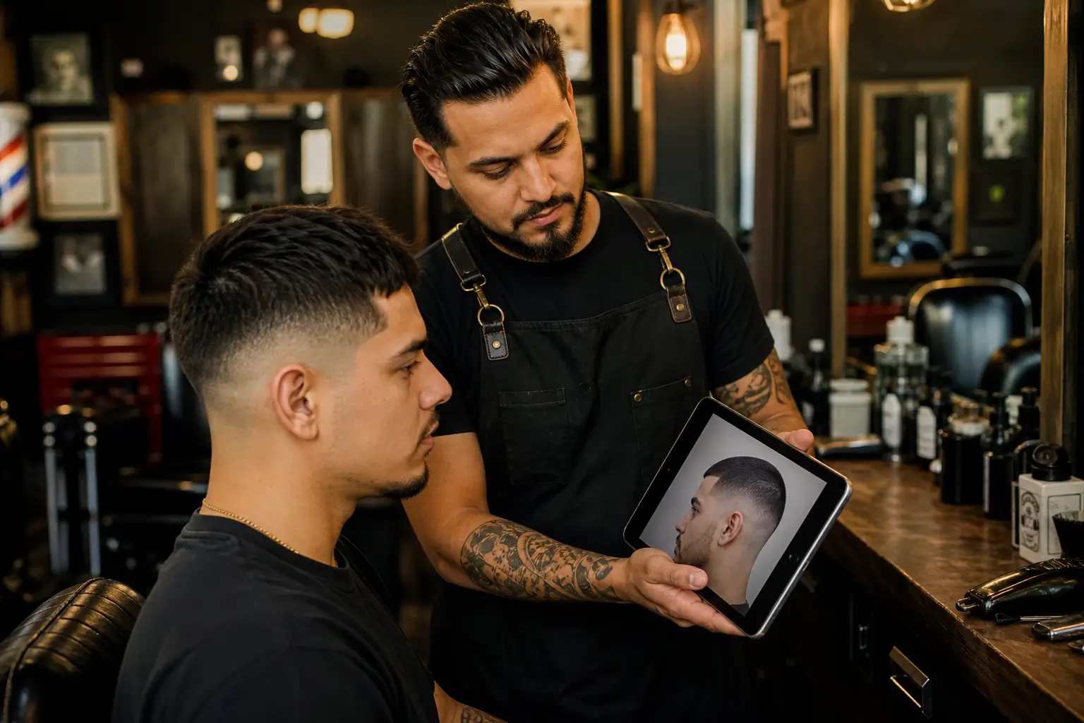 Barber showing a customer a buzz cut preview on a tablet before the haircut
