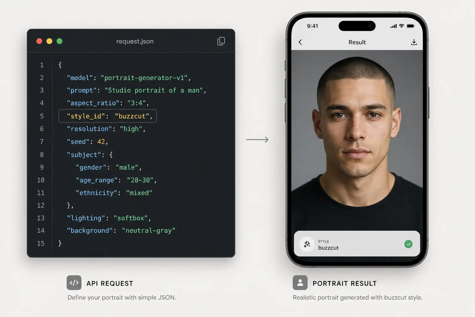 Developer preview showing the buzz cut style ID applied to a user photo through the API