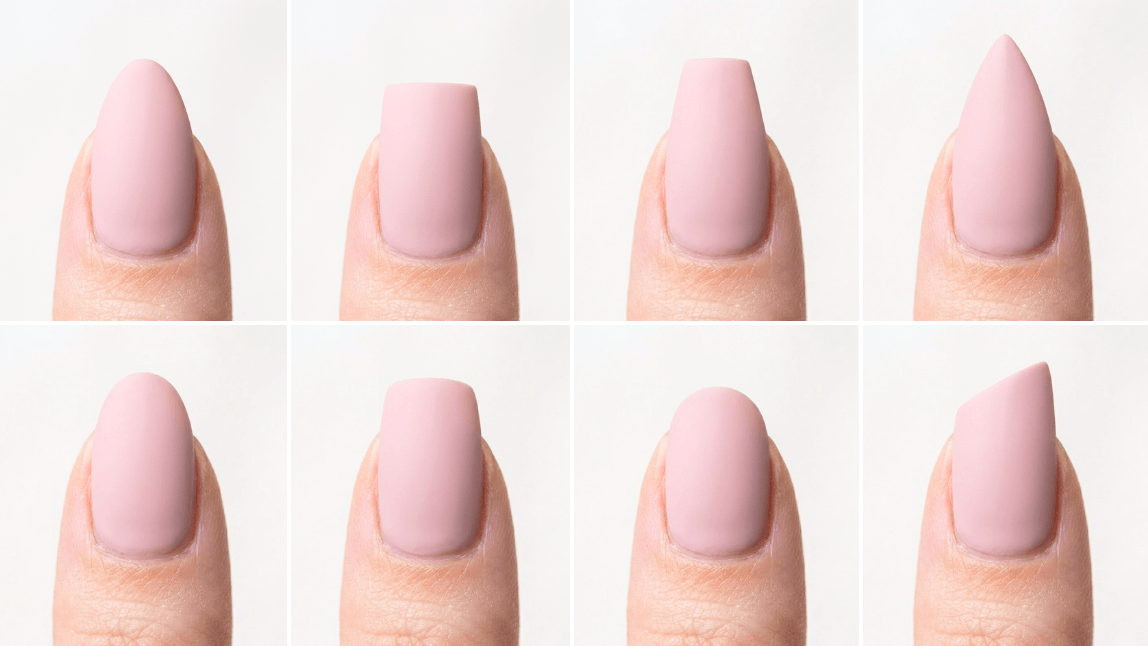 Hand comparing almond, square, coffin, and stiletto nail shapes side by side using AR virtual try-on