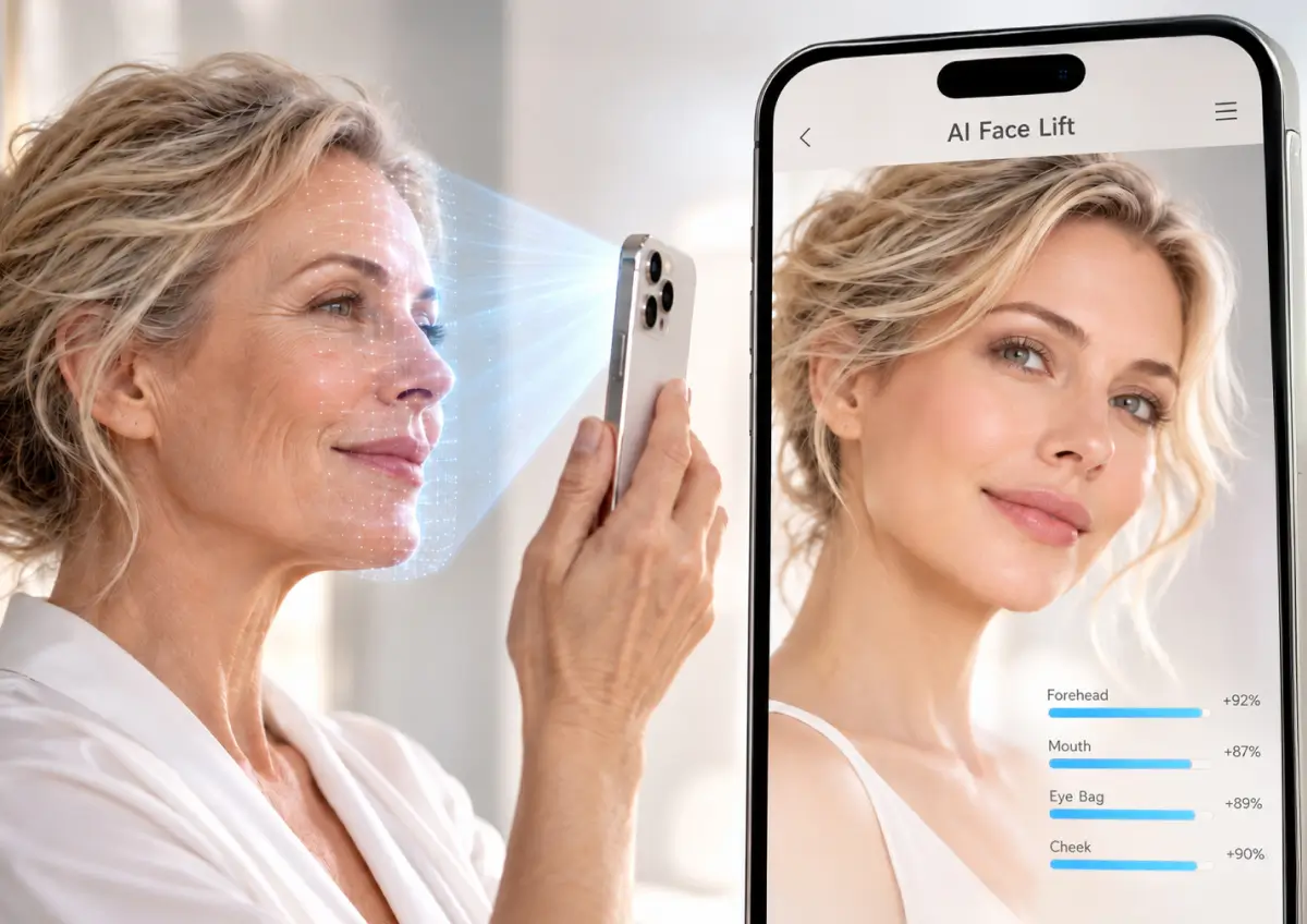 Woman taking a selfie while a phone app shows her AI Face Lift result with forehead, mouth, eye bag, and cheek adjustments