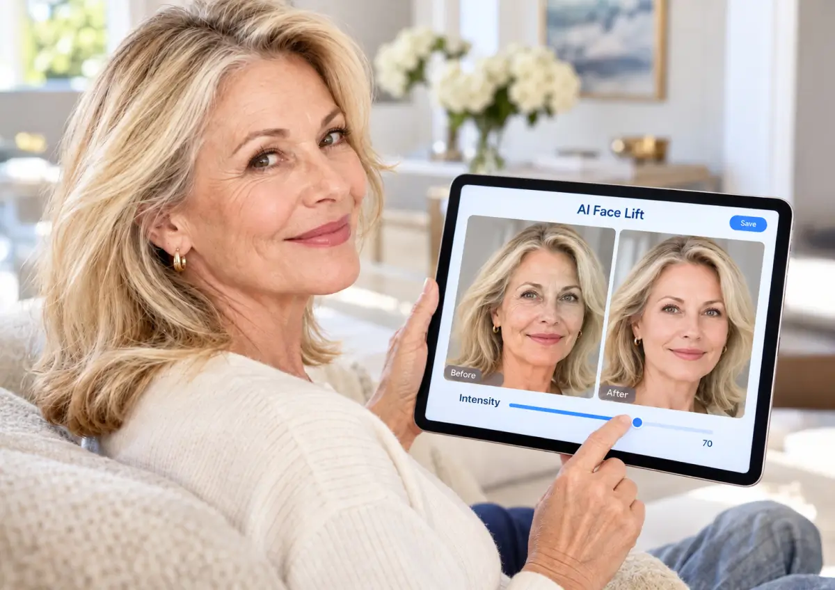 Woman using a tablet app to compare before and after AI Face Lift results with an intensity slider