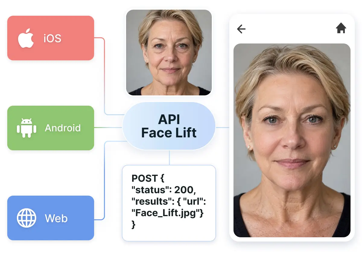 AI Face Lift API integration diagram connecting iOS, Android, and web apps to a face lift request and its result image