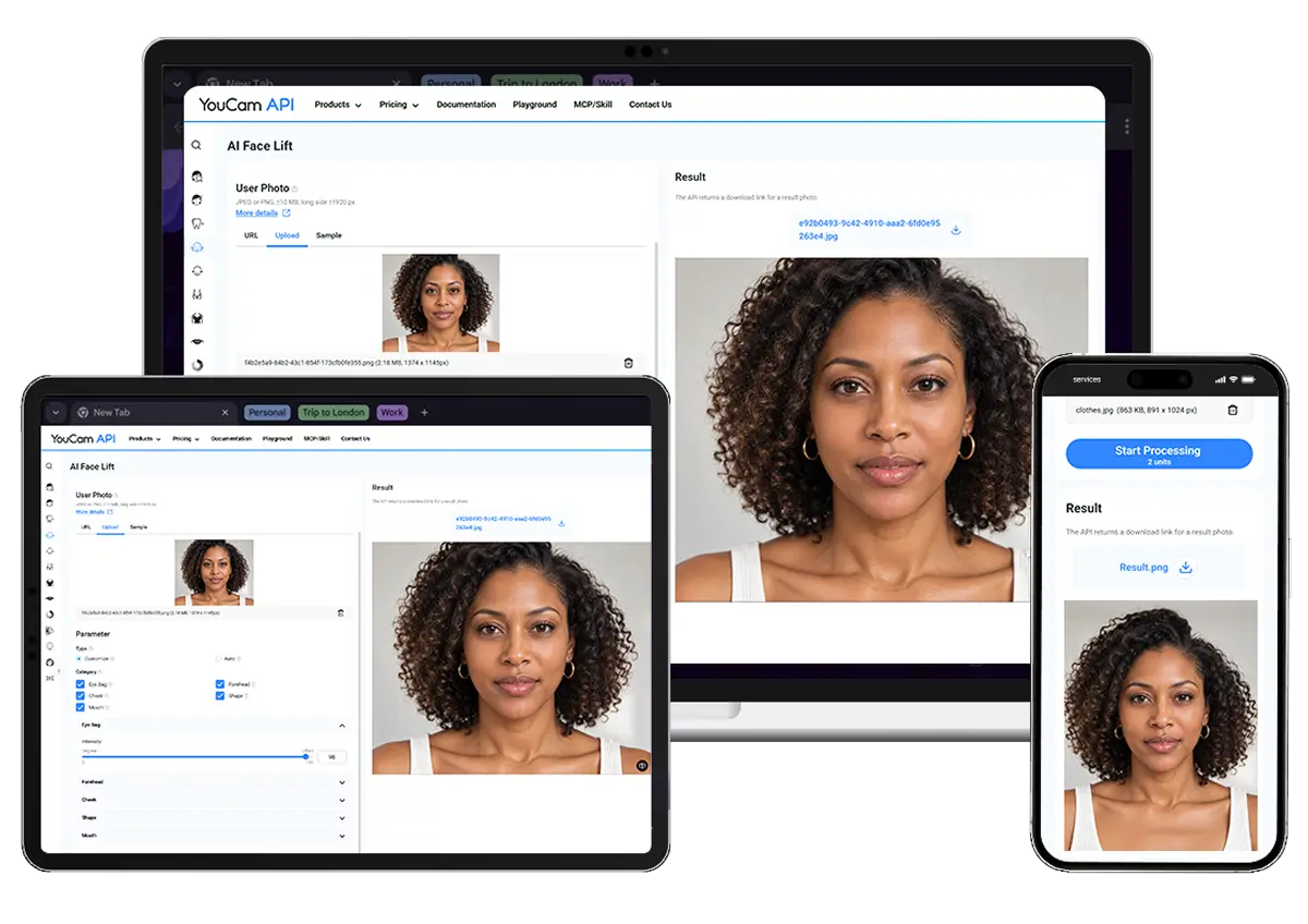 AI Face Lift API demo running on a laptop, tablet, and smartphone