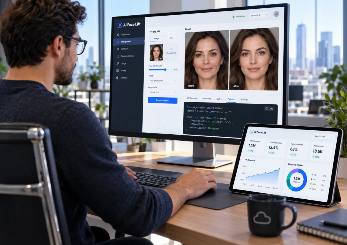 Developer reviewing AI Face Lift before and after results and a usage dashboard on a desktop monitor and tablet