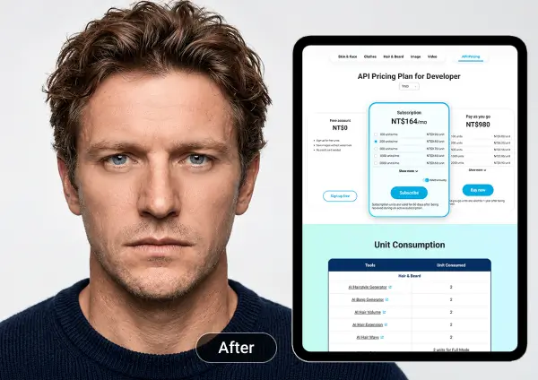 After: man’s photo refined with AI Face Lift, next to the YouCam API pricing page on a tablet