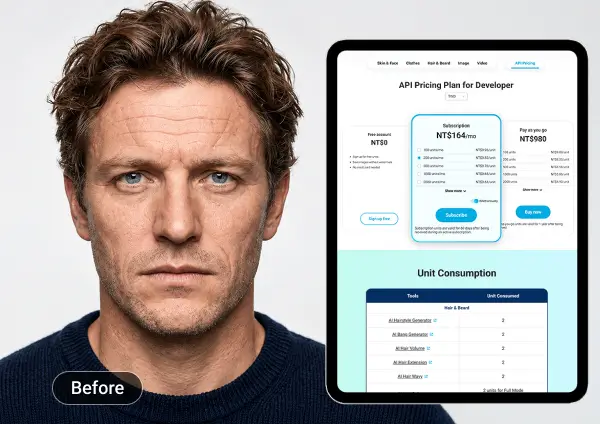 Before: man’s original photo before AI Face Lift, next to the YouCam API pricing page on a tablet