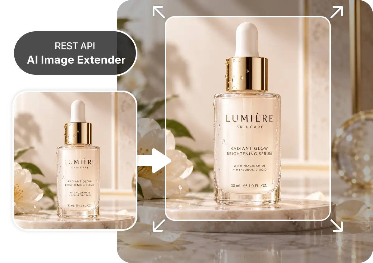 REST API call to AI Image Extender turning a tight skincare serum bottle shot into a wider product scene on marble