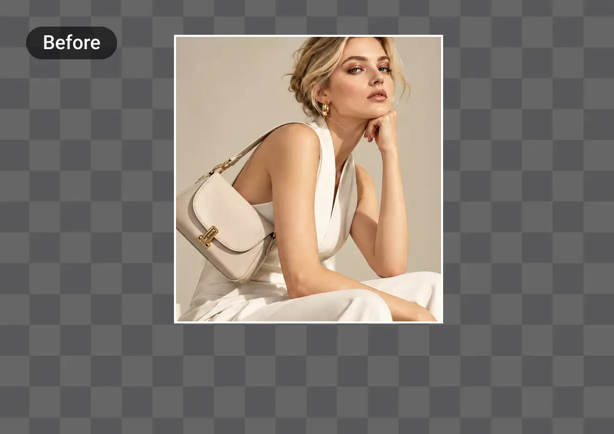 Before: tightly cropped photo of a woman in a white outfit holding a cream shoulder bag