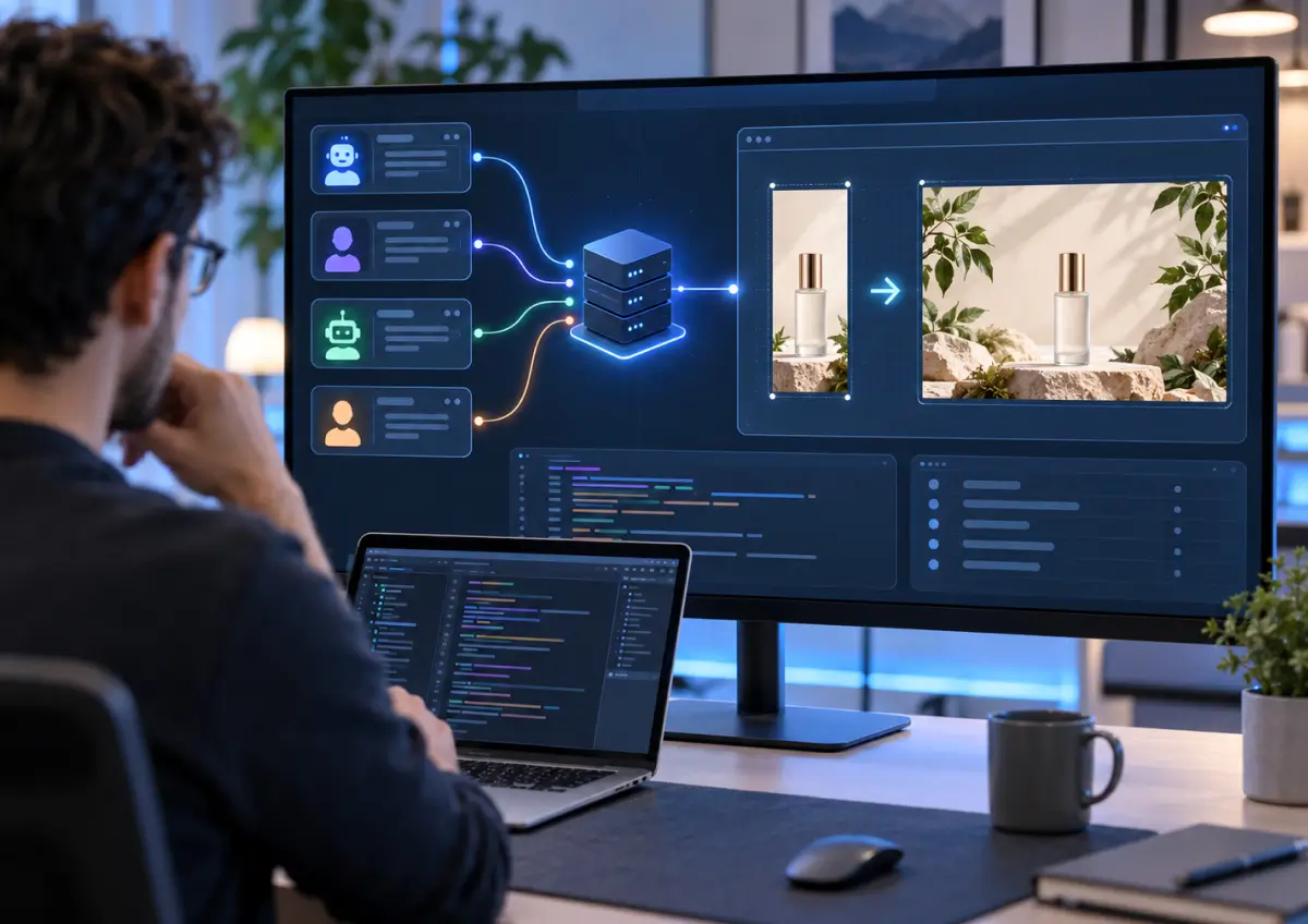 Developer viewing an MCP workflow where AI agents call the AI Image Extender tool to widen a product photo