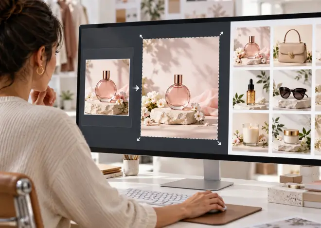 Woman at a desk reviewing an e-commerce catalog of perfume and handbag photos resized to one uniform ratio