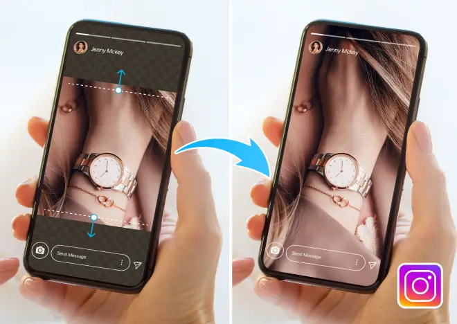 Two phones showing one campaign visual adapted from a feed post into a vertical Instagram story format