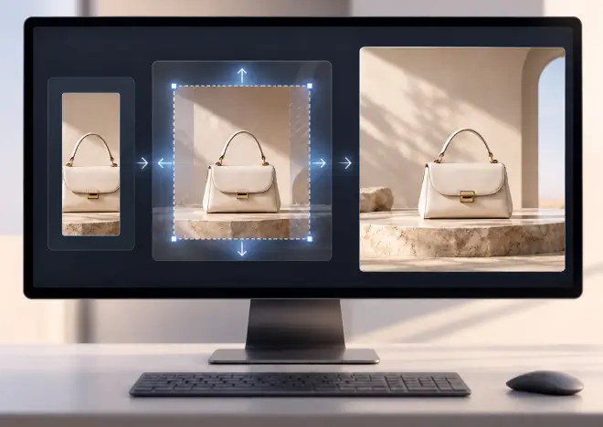 Monitor showing a handbag photo extended to fit a wide template layout with resize handles