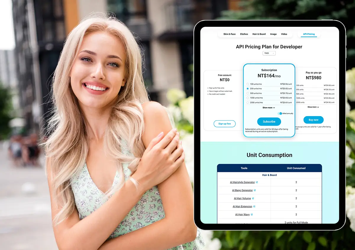 After: portrait extended into a garden scene beside a tablet showing YouCam API pricing plans