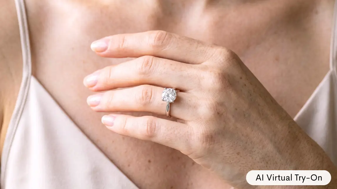 Hand with a color-changing manicure and a rendered ring on the fourth finger
