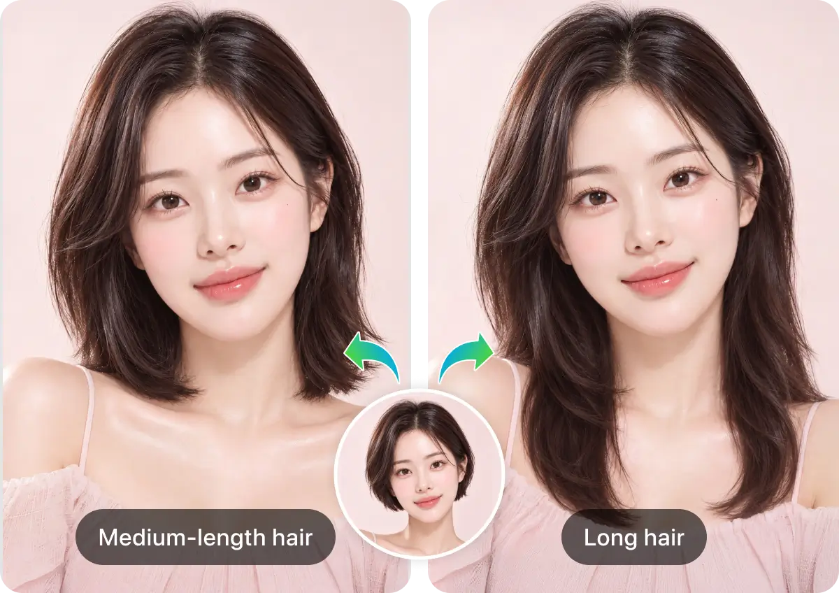 Before and after of a different hair length results of the AI hair extension virtual try-on 