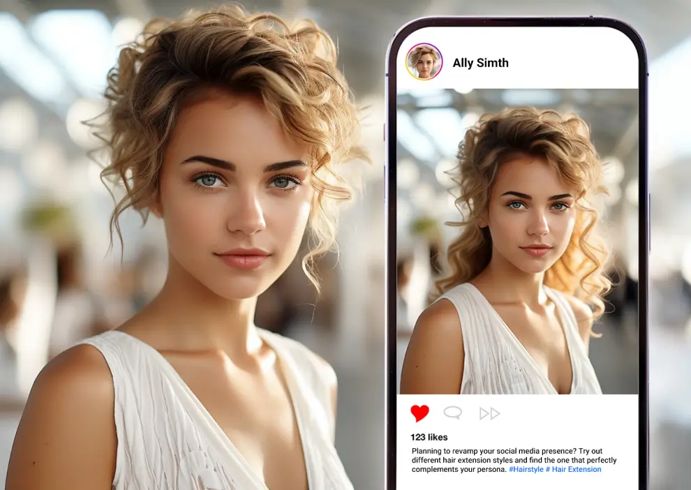 Before and after comparison of results of the AI hair extension virtual try-on on a social media platform 