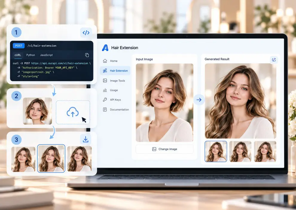 Coding platform example for easy integration of the AI Hair Extension Virtual Try-On API