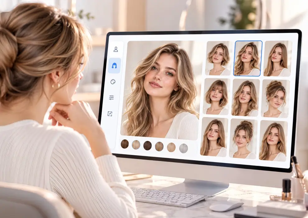 Woman selecting virtual hair extension to try online on a website