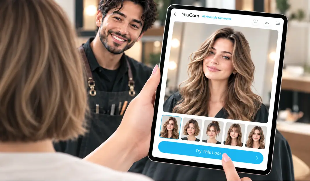 Hair extension virtual try-on salon consultation on a tablet 