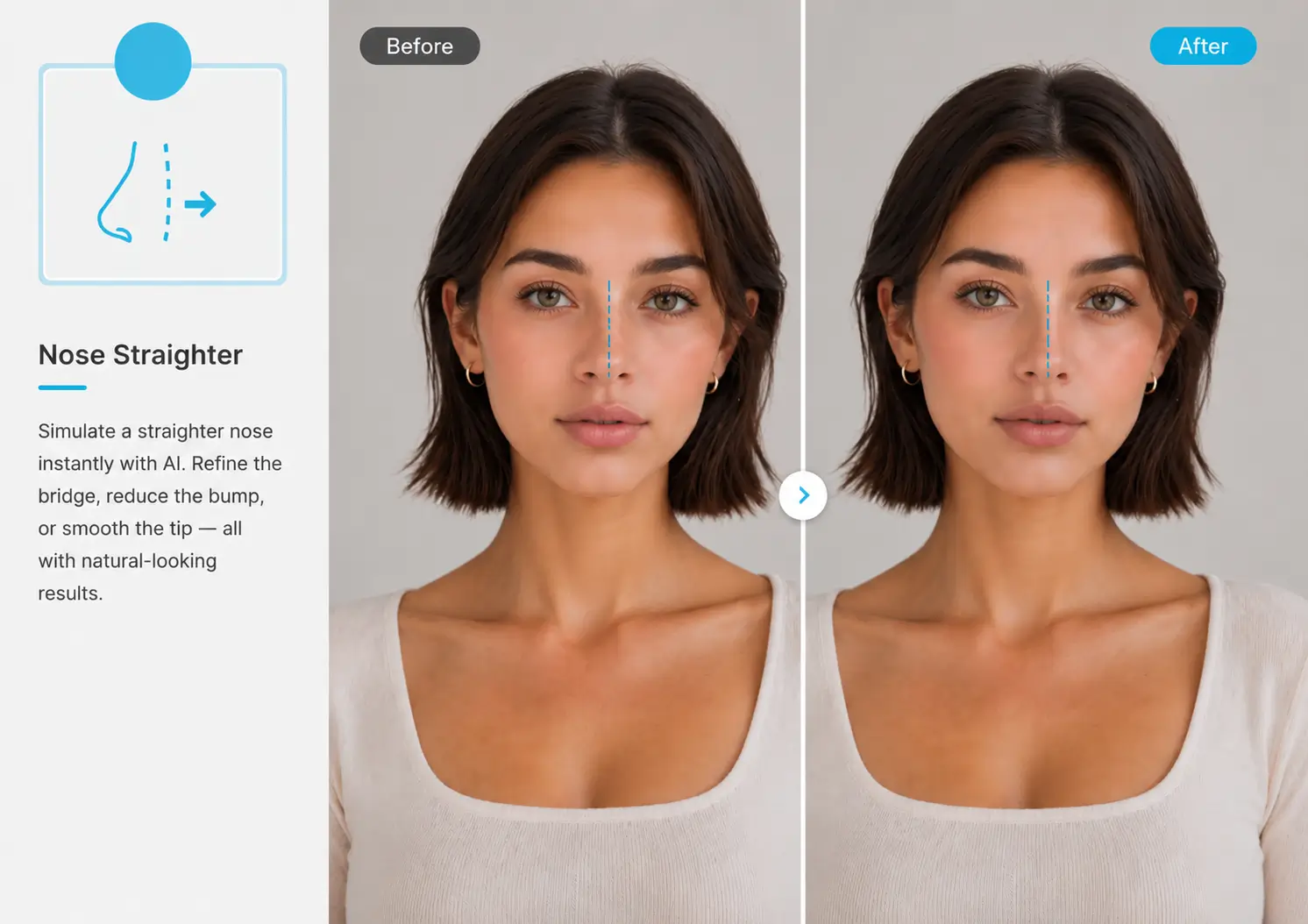 AI straighter nose simulator before and after comparison