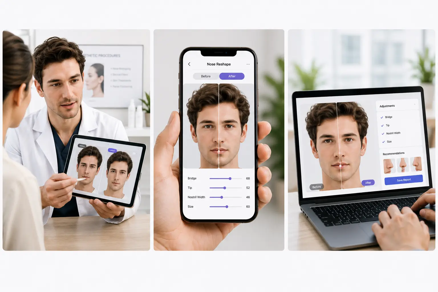 Med spa consultation using AI straighter nose simulator on tablet