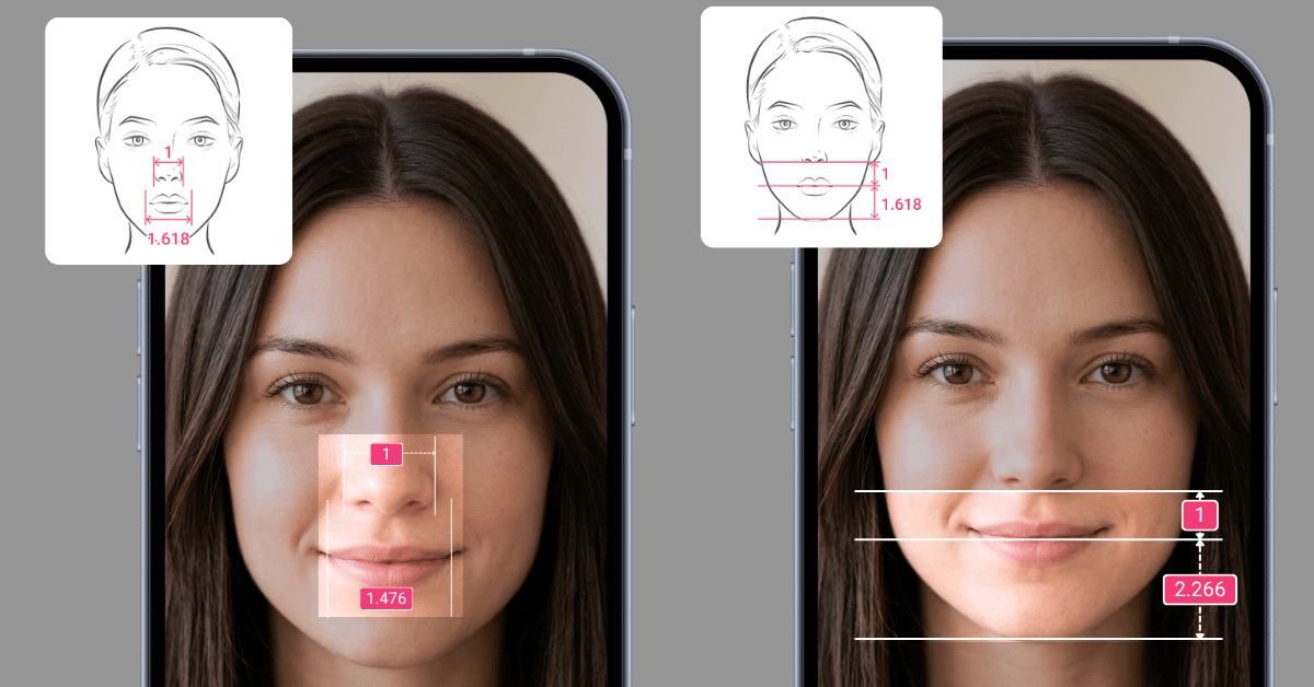 Golden ratio overlay on a facial proportion report