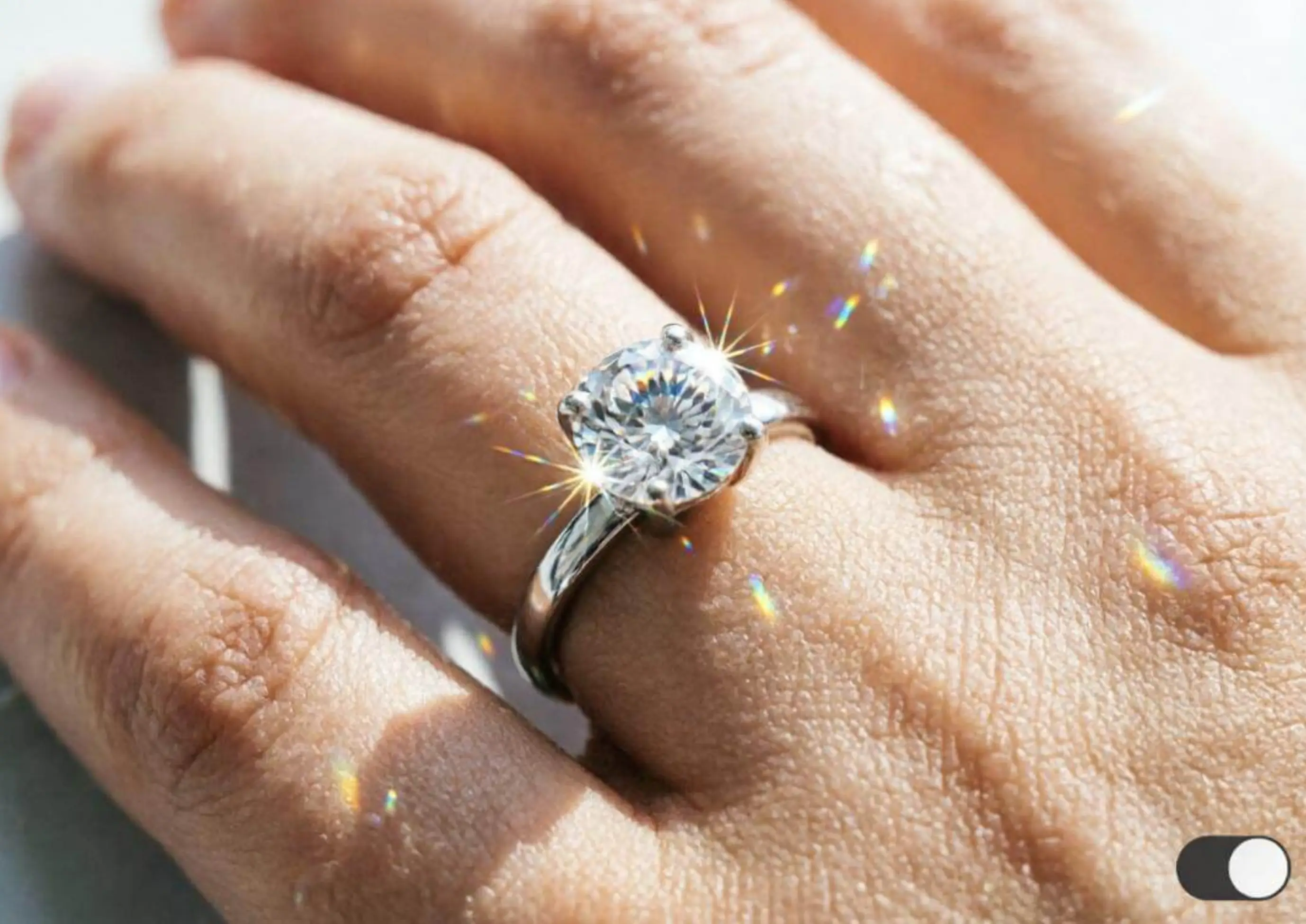 Close-up of a diamond ring on a hand with realistic light reflections and soft shadow rendered by AI