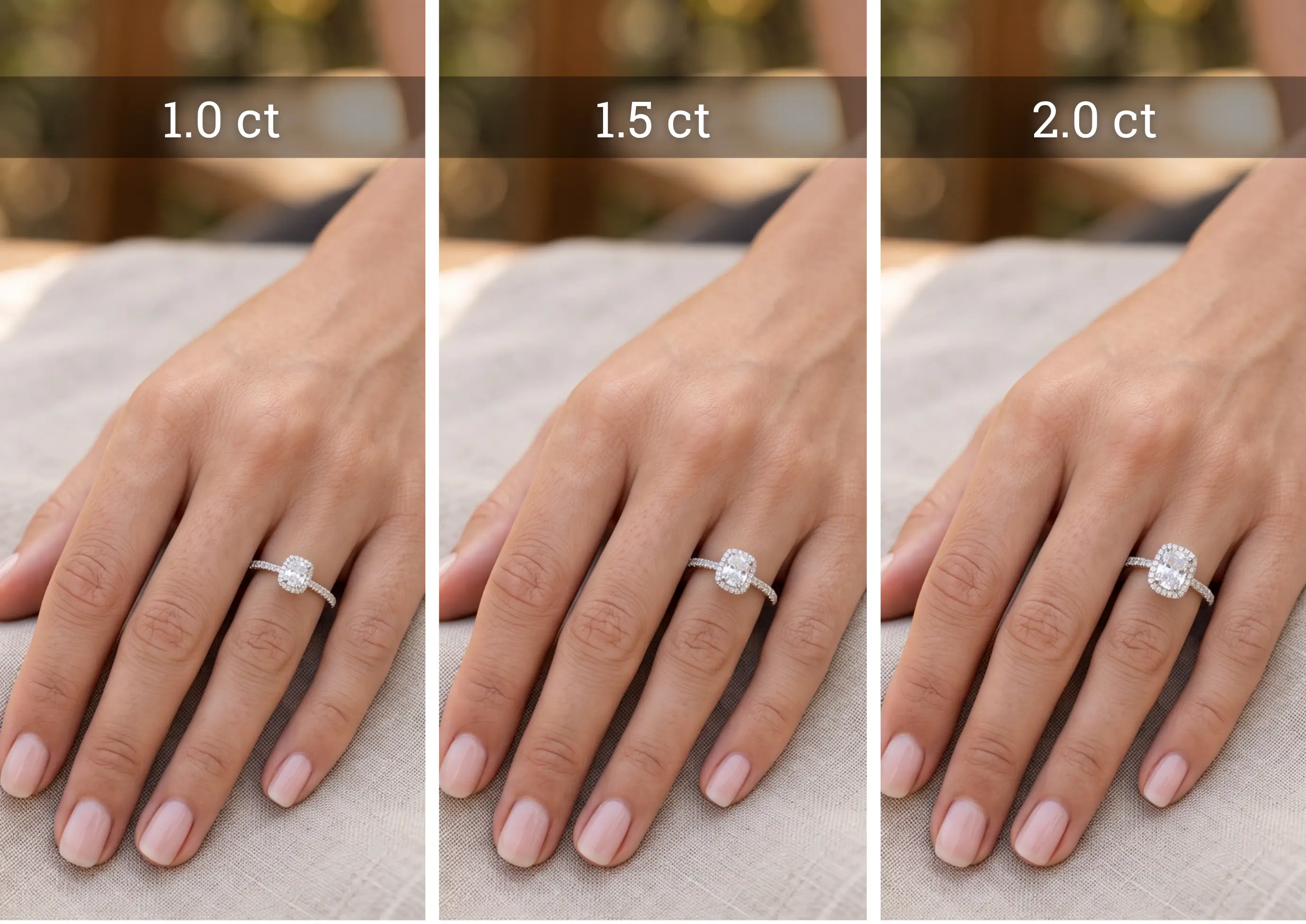 Close up comparison of 1 carat, 1.5 carat, and 2 carat diamond ring sizes rendered on the same hand