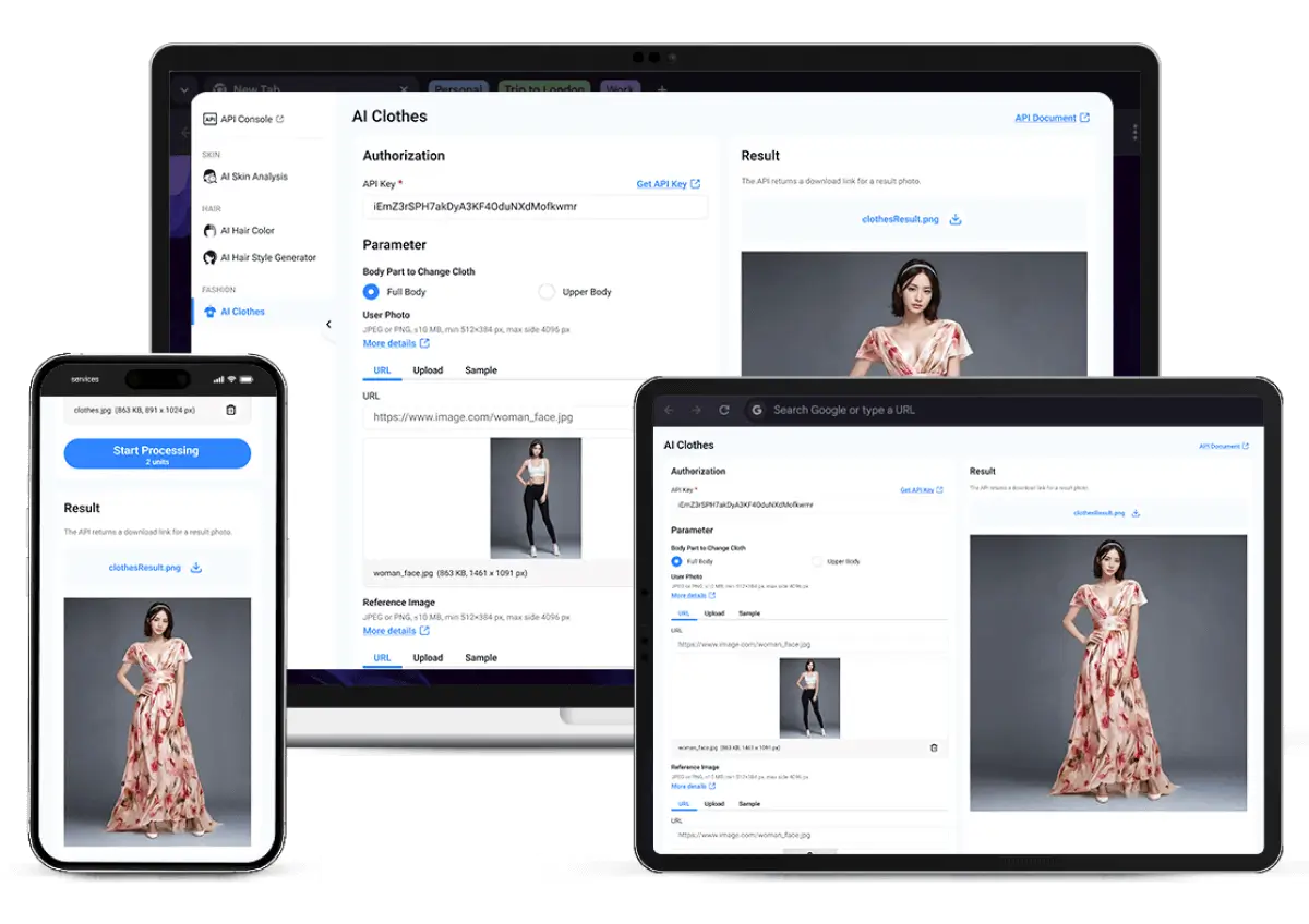 Tracht try-on results displayed across web, mobile, and kiosk devices