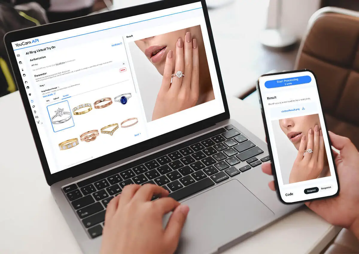 Online jewelry store product page showing an AI ring try-on feature next to add to cart button