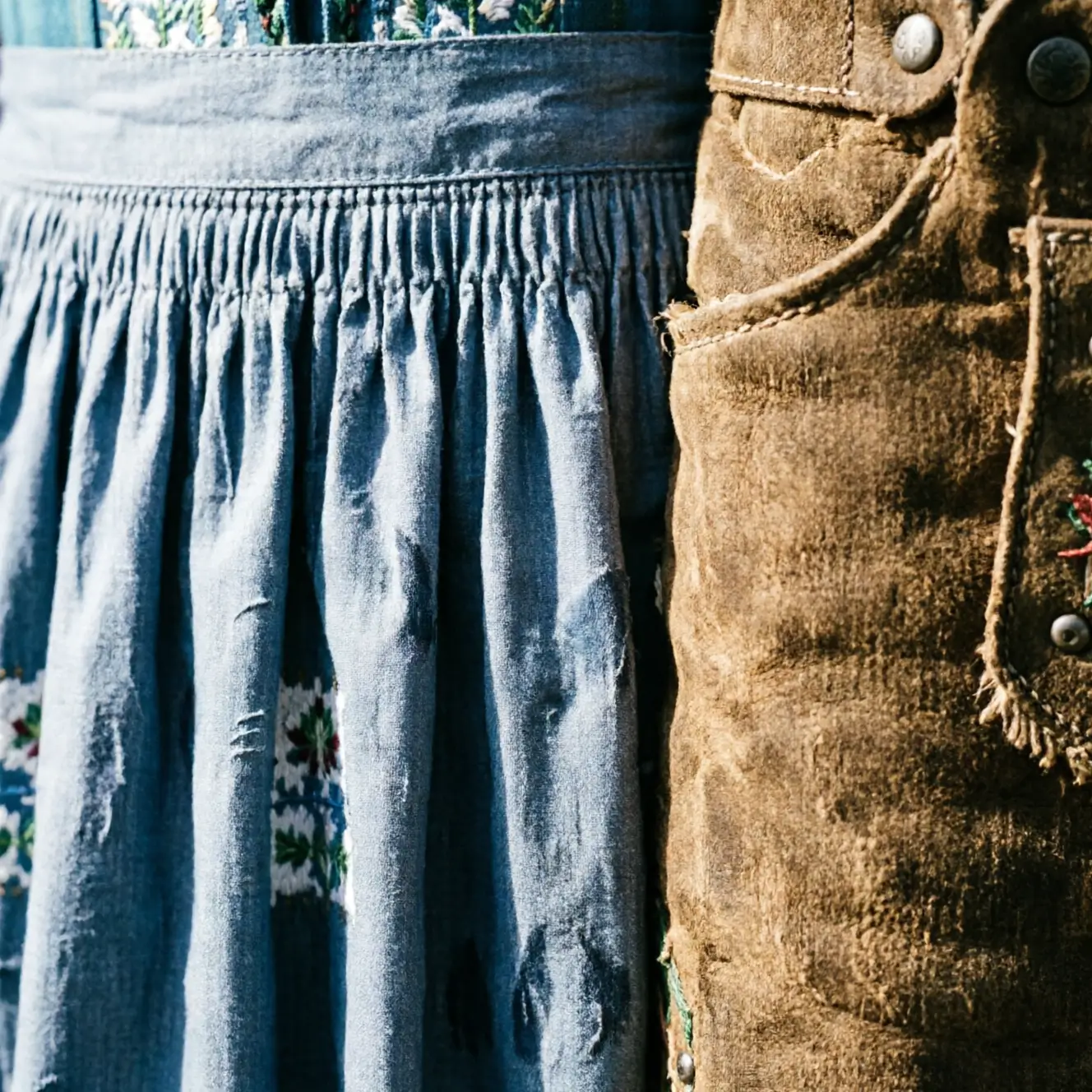 Close-up of AI-rendered Dirndl embroidery and Lederhosen leather texture