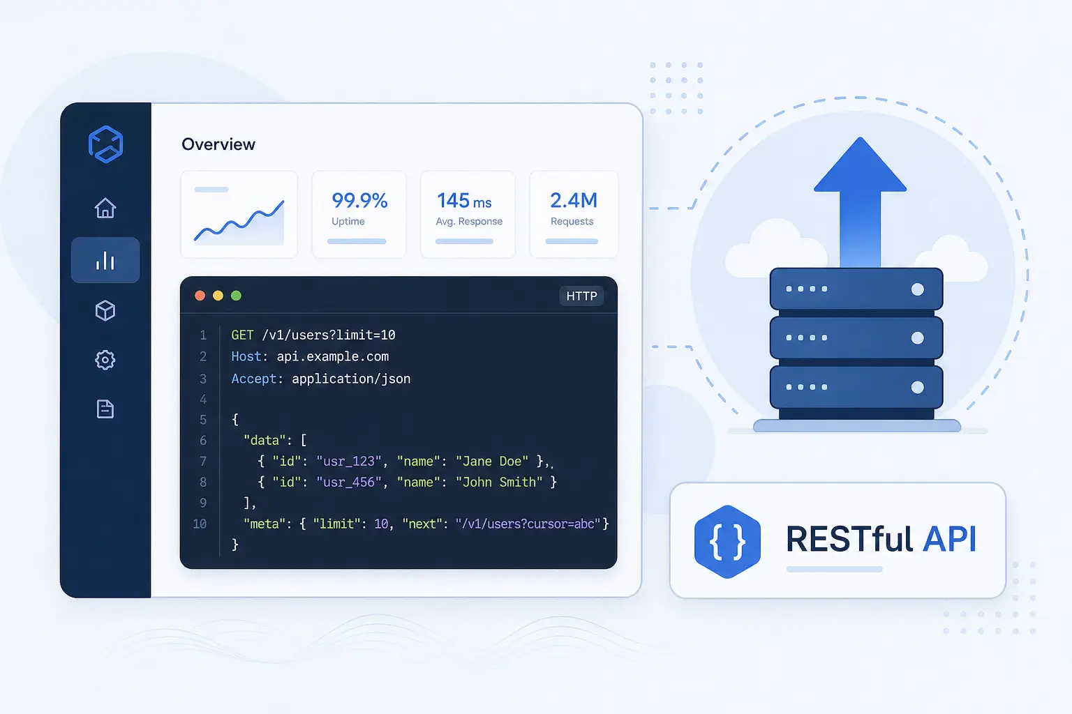 Dashboard style graphic showing API integration and enterprise scalability icons