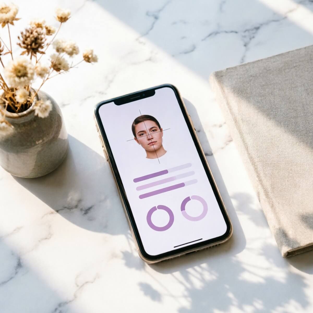 Phone on a marble desk showing a full face analysis report