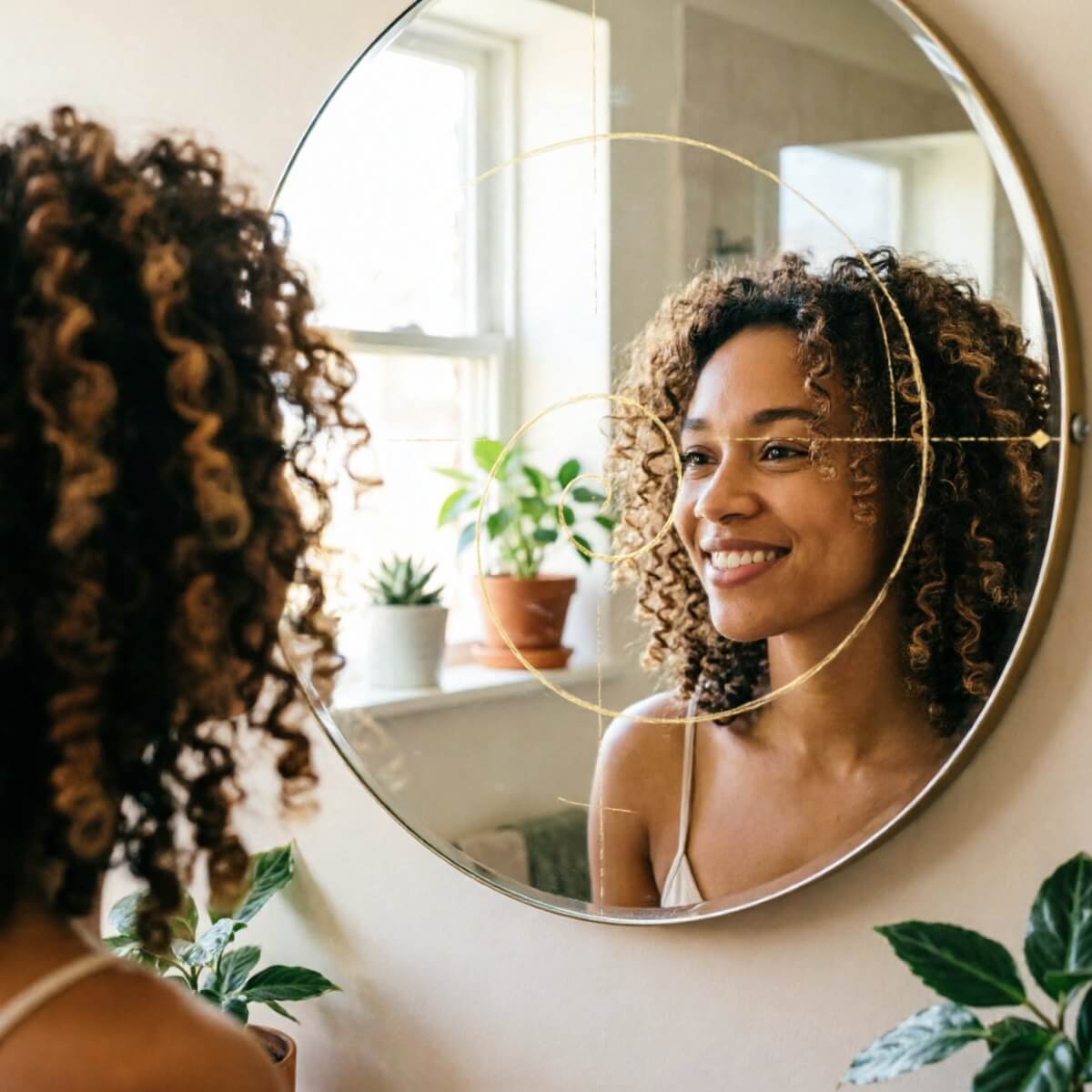 Smiling woman looking at her reflection with subtle golden ratio lines on the mirror