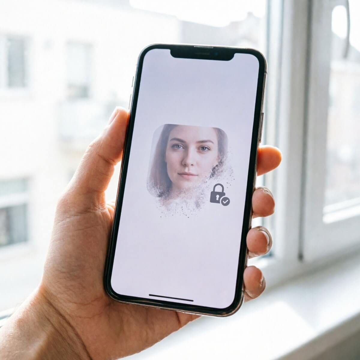 Hand holding a phone showing a portrait fading away next to a lock icon