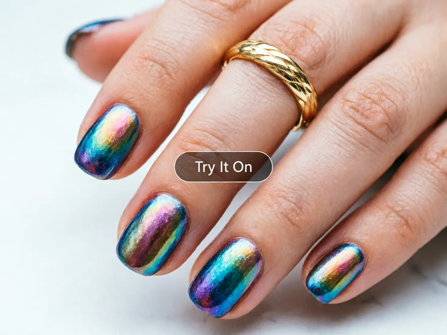 Woman previewing a color-changing manicure through an AI virtual try-on app