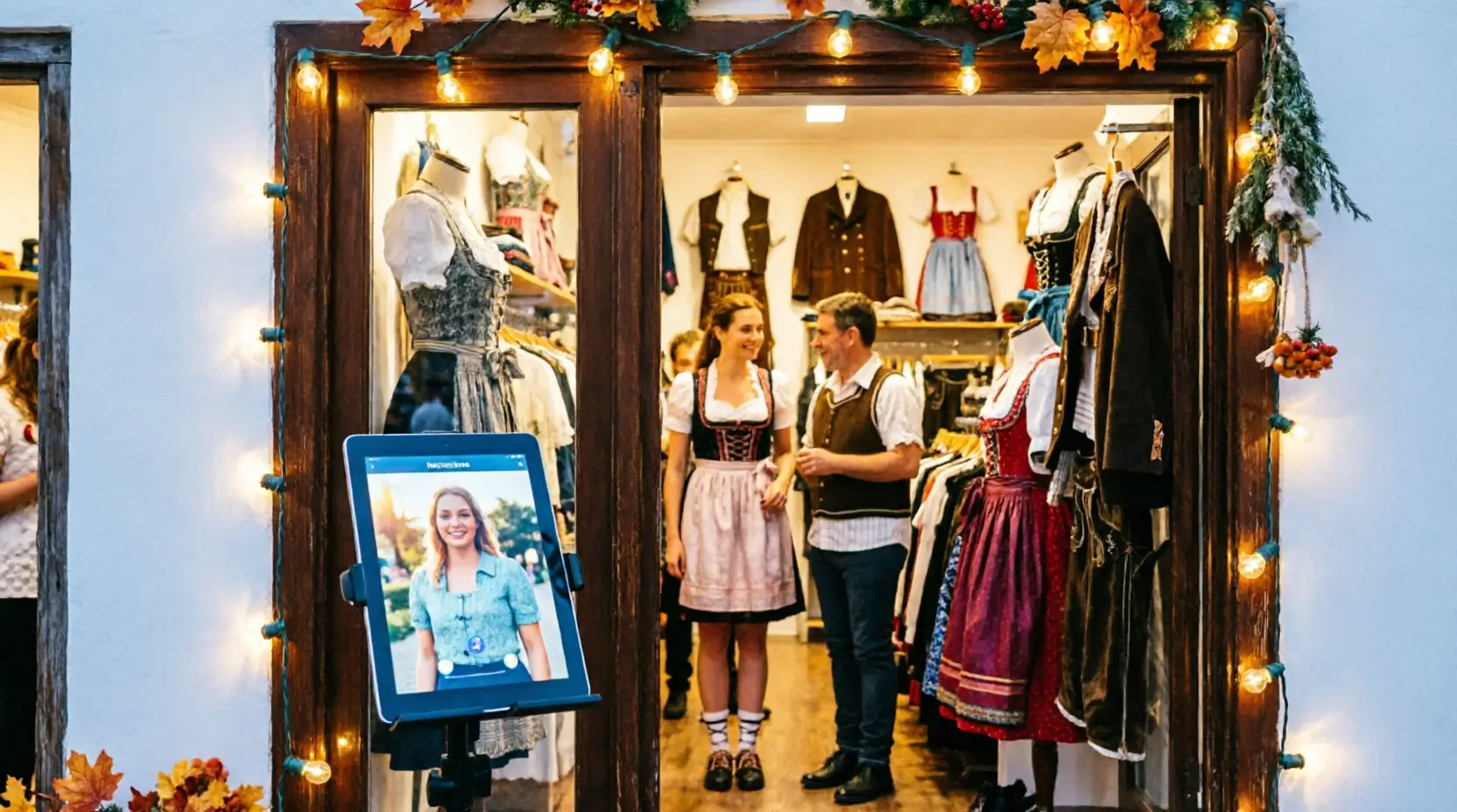 Oktoberfest costume shop kiosk running Tracht try-on